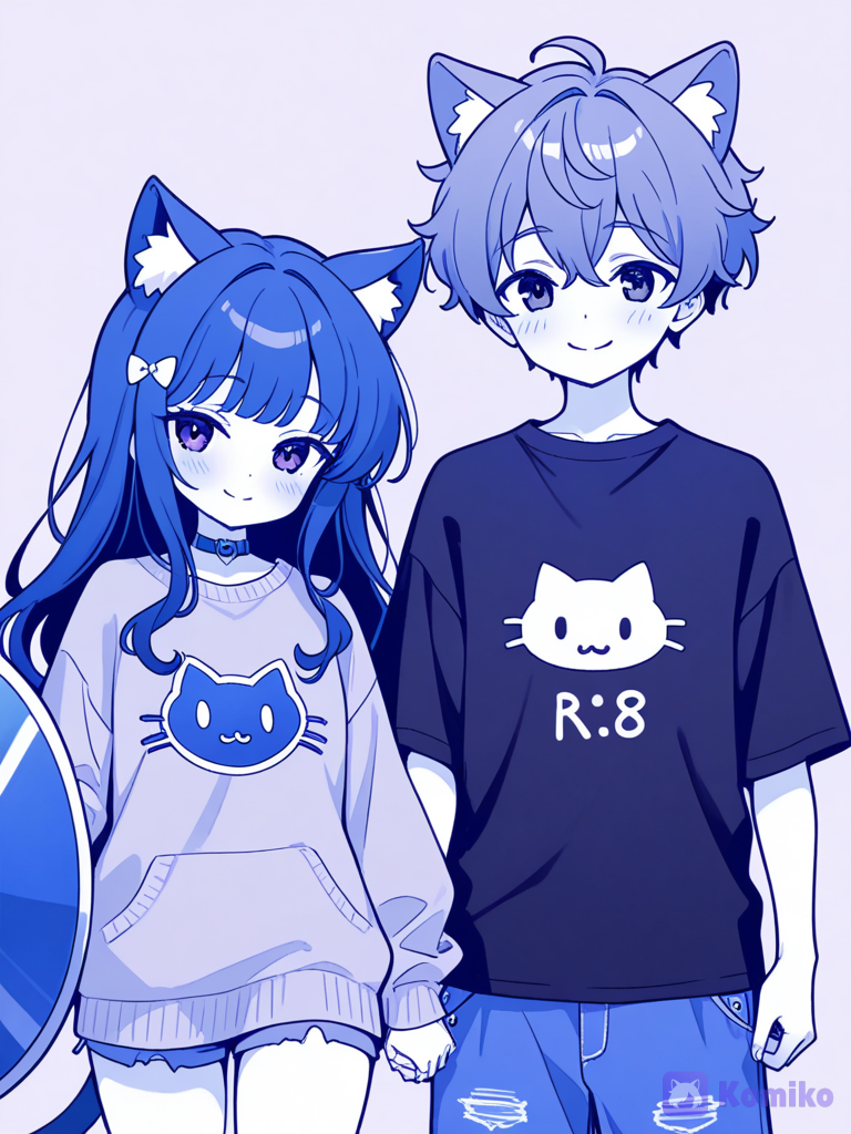 1boy, 1girl, 2people one was the boyfriend one was the girlfriend the girlfriend loved wearing cute bow bottom shield loved blue and and purple and she loved wearing cat sweaters and cat ears and the boyfriend loved wearing baggy jeans and and a black shirt