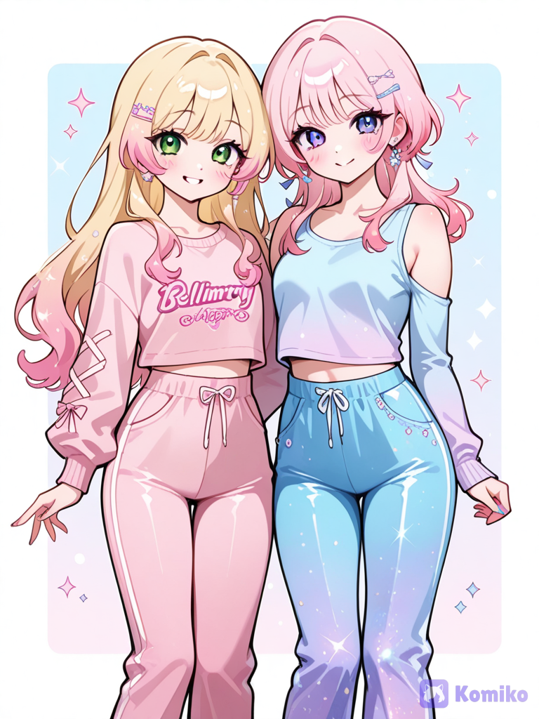 2girls love shimmery pink and loves bellbottoms and sweaters and the other girl loves baggy sweatpants and she loves them to be shimmery and she loves they both love to wear cute tank tops