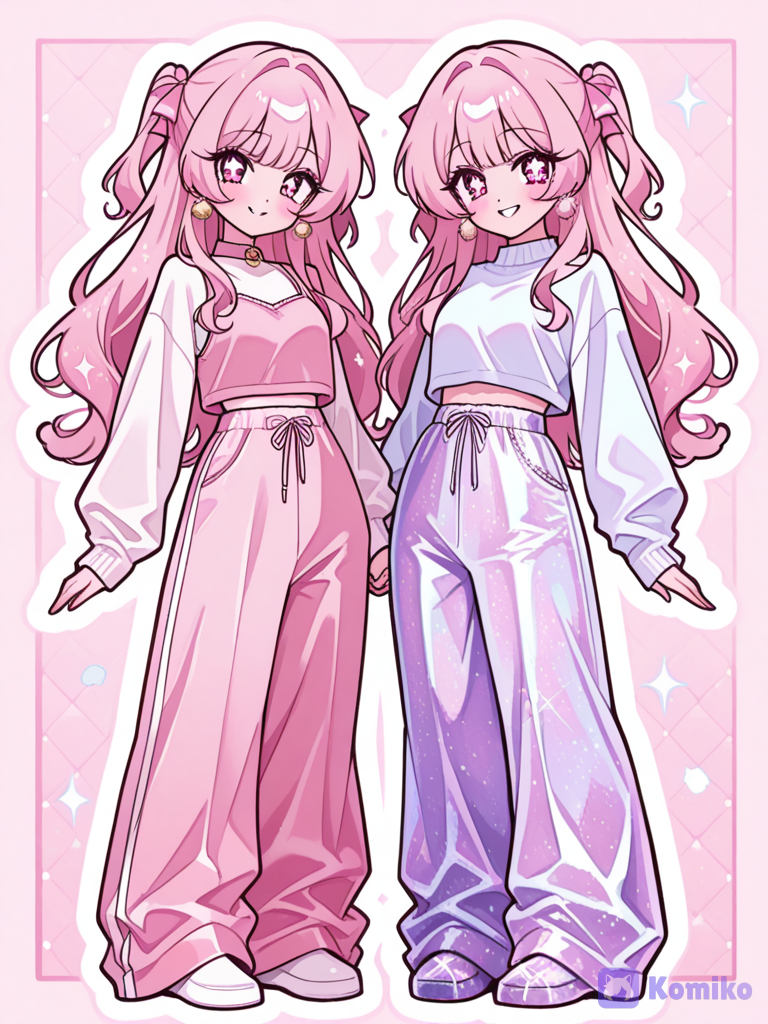 2girls love shimmery pink and loves bellbottoms and sweaters and the other girl loves baggy sweatpants and she loves them to be shimmery and she loves they both love to wear cute tank tops