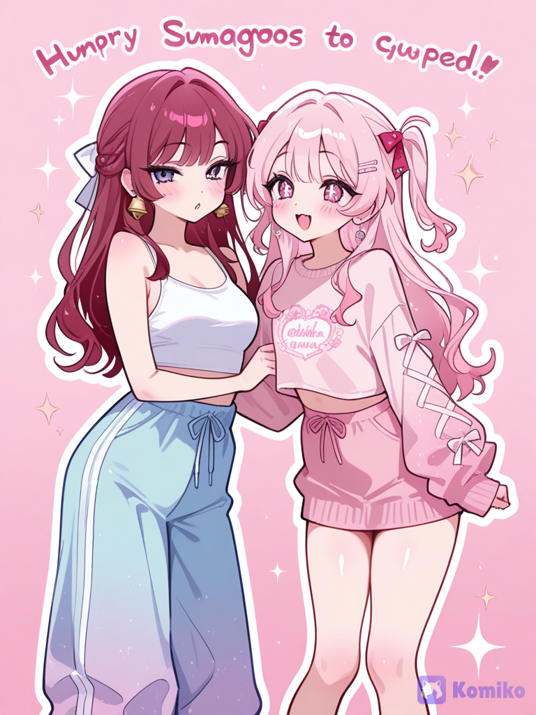 2girls love shimmery pink and loves bellbottoms and sweaters and the other girl loves baggy sweatpants and she loves them to be shimmery and she loves they both love to wear cute tank tops