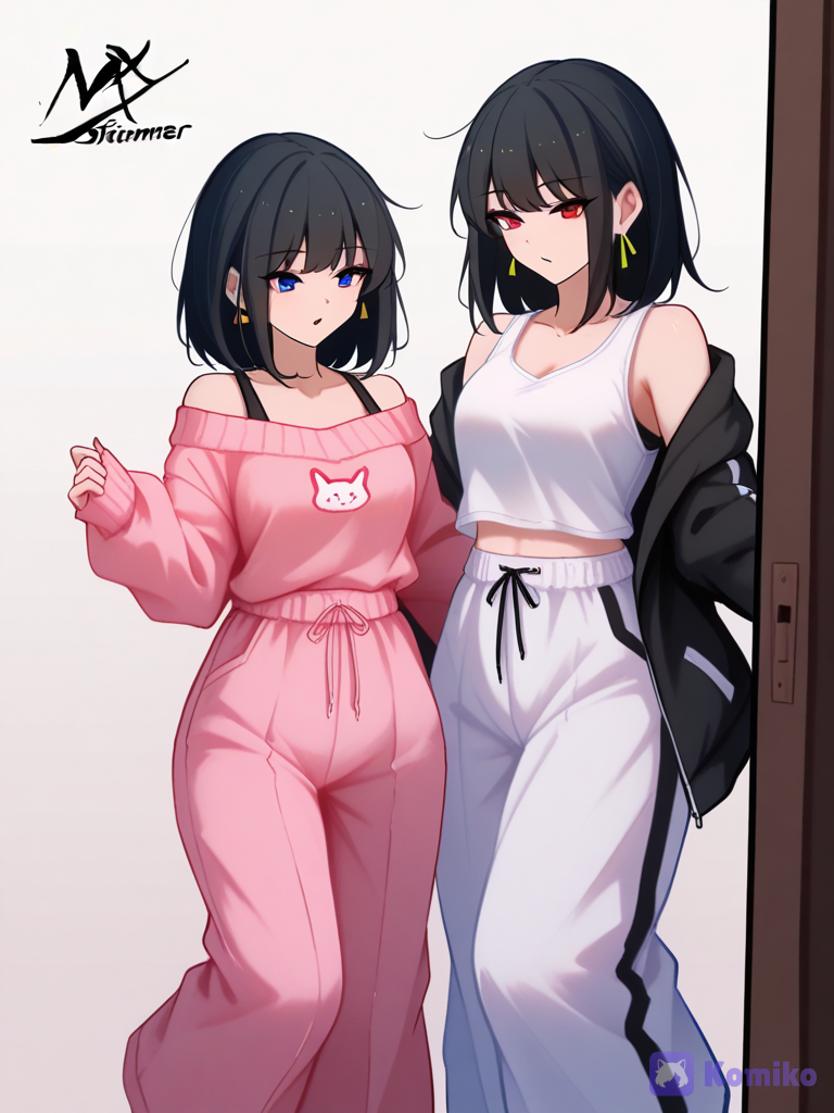 2girls love shimmery pink and loves bellbottoms and sweaters and the other girl loves baggy sweatpants and she loves them to be shimmery and she loves they both love to wear cute tank tops