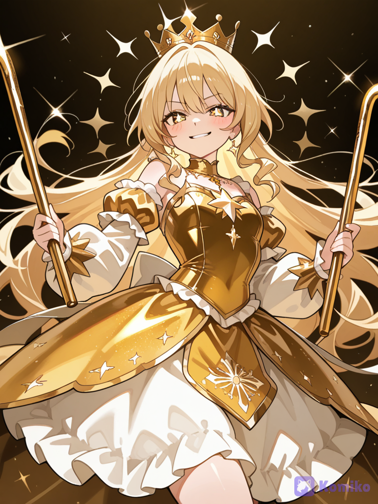 a girl who loves gold and and is growing up and she loves gold candy cane so she shoots them out of her crown