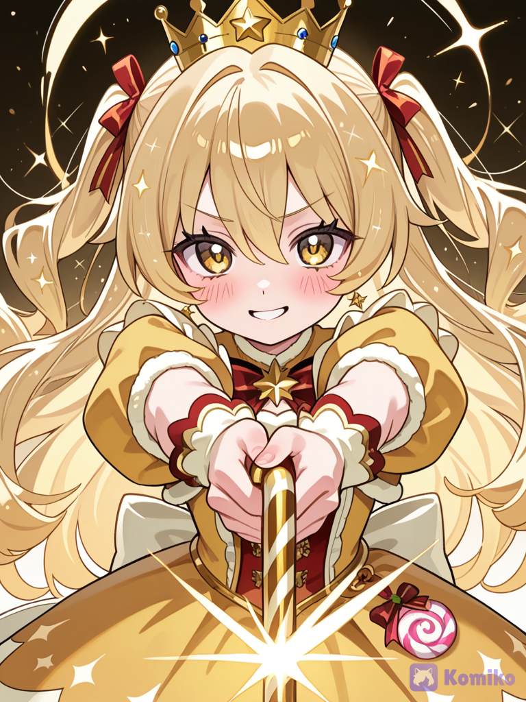 a girl who loves gold and and is growing up and she loves gold candy cane so she shoots them out of her crown