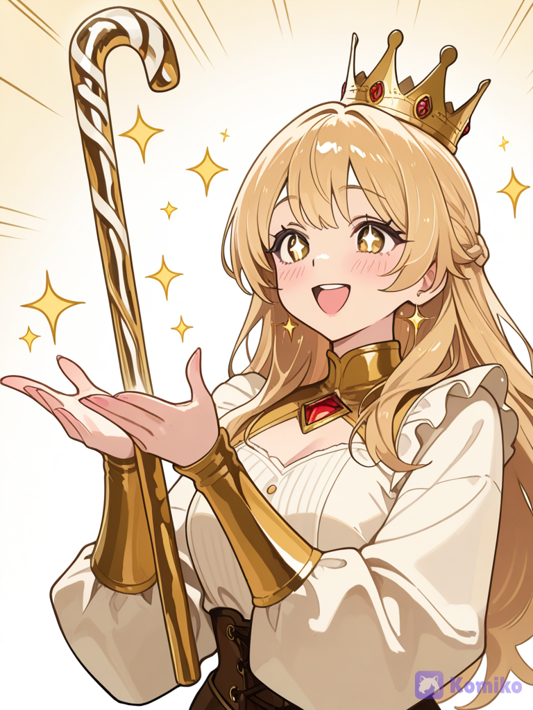 a girl who loves gold and and is growing up and she loves gold candy cane so she shoots them out of her crown