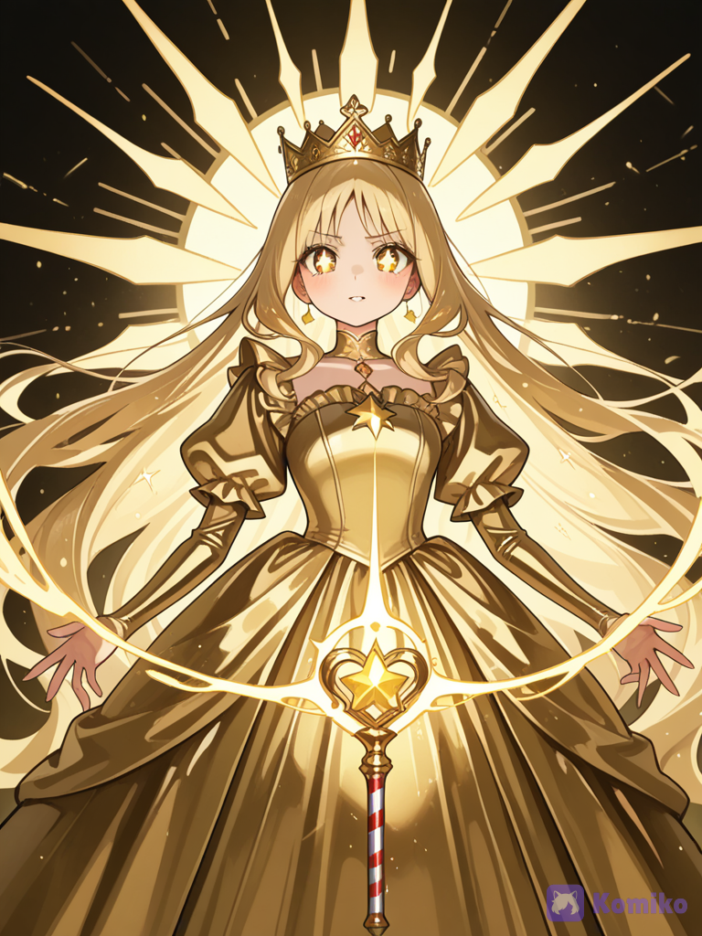 a girl who loves gold and and is growing up and she loves gold candy cane so she shoots them out of her crown