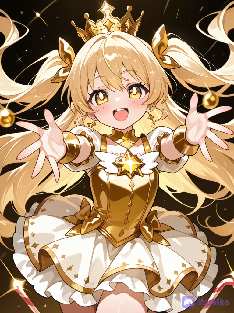 a girl who loves gold and and is growing up and she loves gold candy cane so she shoots them out of her crown