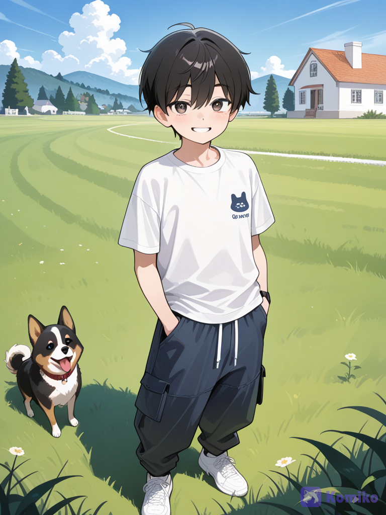 Two boys sag that will and a white house
With a dog and a white shirt