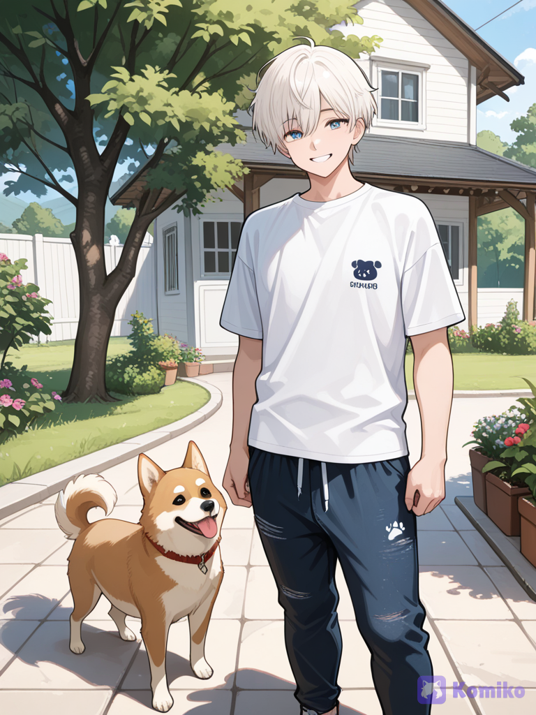 Two boys sag that will and a white house
With a dog and a white shirt