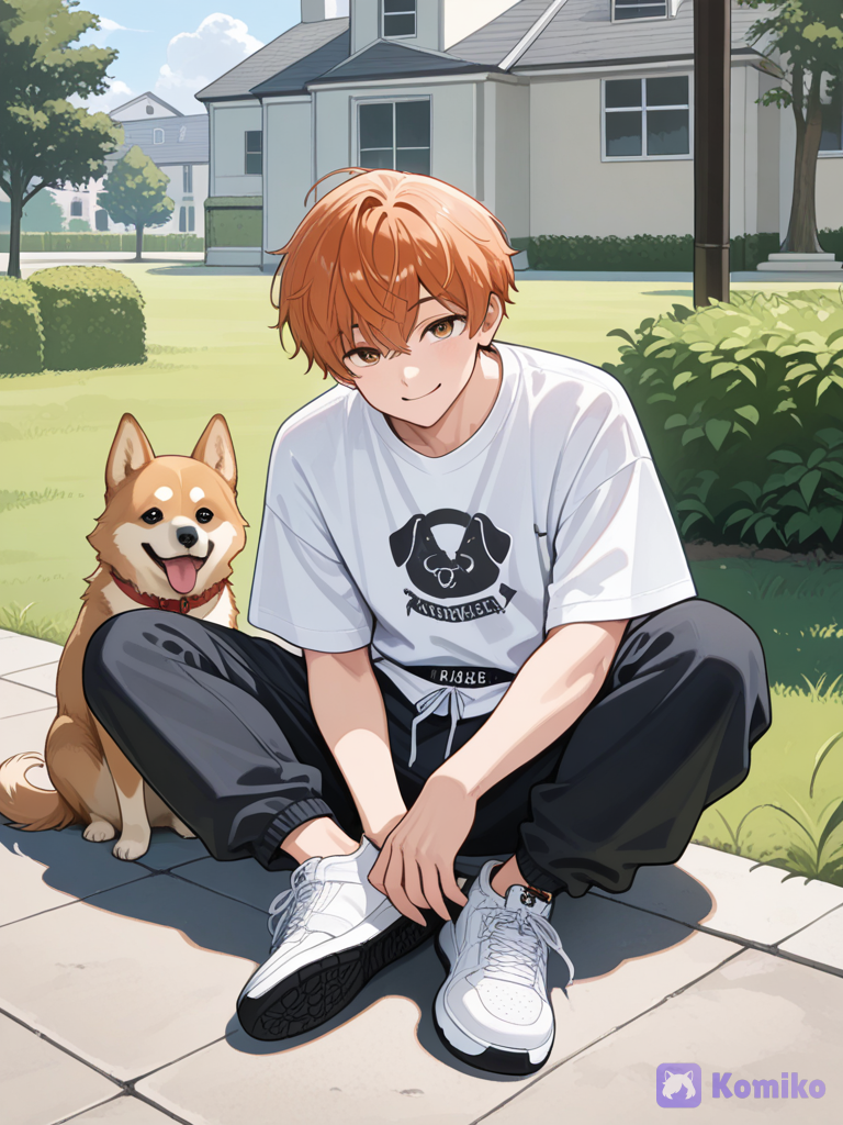 Two boys sag that will and a white house
With a dog and a white shirt