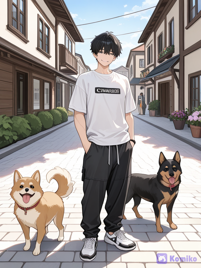 Two boys sag that will and a white house
With a dog and a white shirt