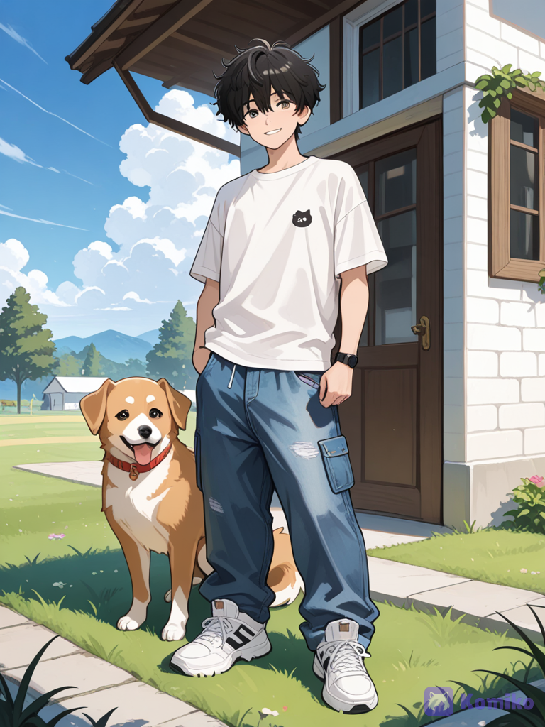 Two boys sag that will and a white house
With a dog and a white shirt