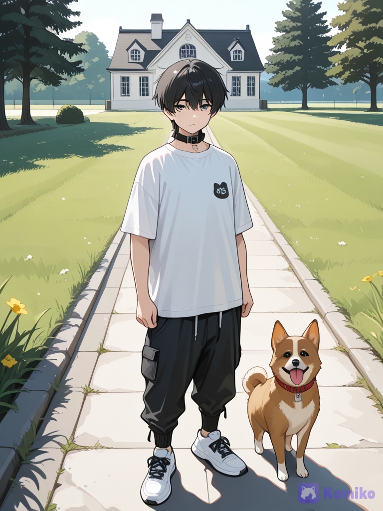 Two boys sag that will and a white house
With a dog and a white shirt