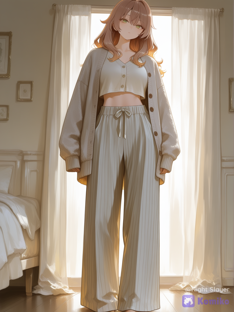 Waifu, @Maria_Mikhailovna_Kujou, Light gray coordinated loungewear set — a fitted, ribbed, long-sleeve button-front cardigan with a soft V-neckline, slightly cropped/hip-length fit, subtle textured fabric, and small matching buttons. Paired with high-waisted, wide-leg palazzo-style lounge pants in the same light gray ribbed fabric, relaxed flowing fit, full length, soft drape, and natural fabric creases. Minimalist, cozy, elegant, neutral-toned homewear aesthetic., top light,in the bedroom, [sensual-glossy-style]