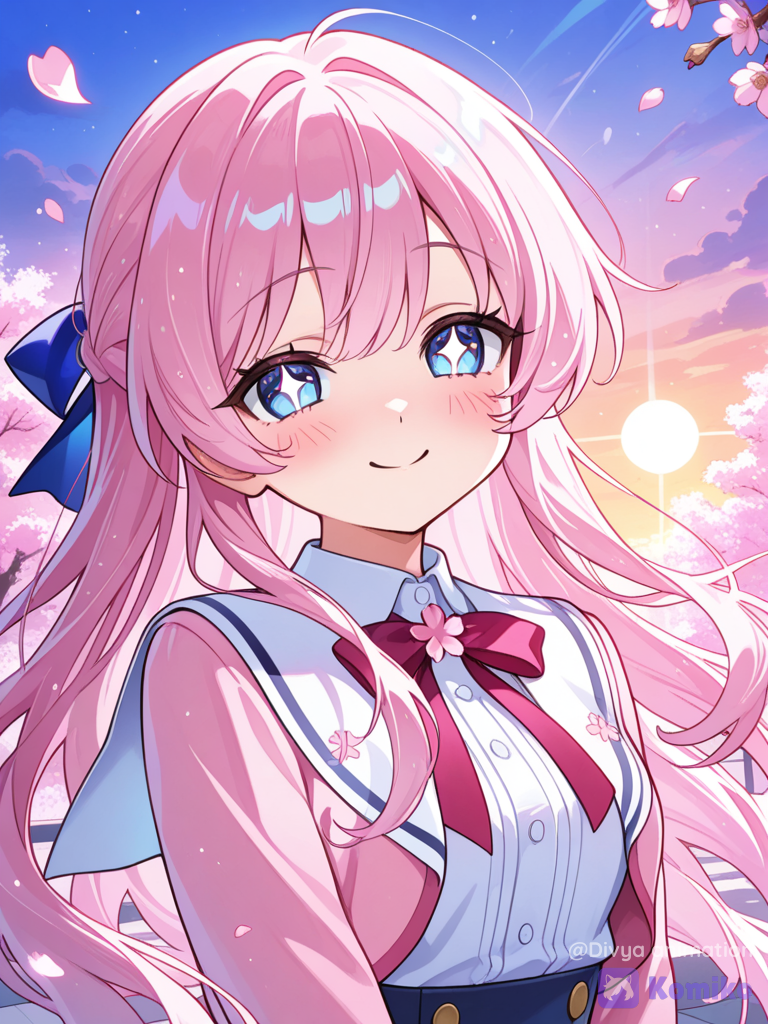 Here’s a AI image prompt for a cute anime girl: Prompt: "A cute anime girl with big sparkling blue eyes, soft rosy cheeks, and long flowing pastel pink hair, wearing a stylish school uniform with a ribbon tie. She is smiling sweetly while standing in a beautiful cherry blossom garden during sunset. Gentle petals float in the air, creating a magical atmosphere. The scene has vibrant colors, soft lighting, anime art style, cinematic composition, highly face, expressive eyes, and a dreamy background. Ultra-quality, anime illustration, adorable expression, vibrant and colorful." If you want a specific style (school girl, fantasy princess, magical girl, cyberpunk, or chibi), I can create a more customized prompt.