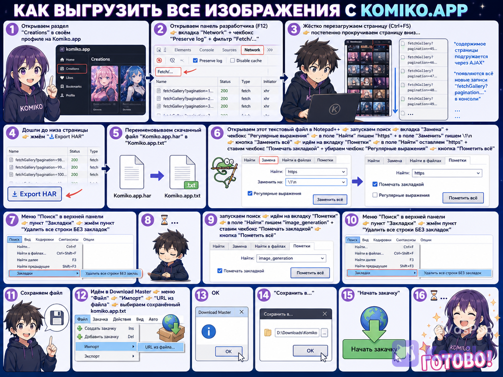 Создай разборчивую, понятную и интересную инфографику для пошаговой инструкции, расположенной ниже. Добавь уместные пиктограммы. Стильно, современно, увлекательно. Не искажай и не сокращай текст инструкции - все действия в ней важны. Ниже - подробный текст инструкции: Открываем раздел "Creations" в своём профиле на Komiko.app
👇
Открываем панель разработчика (F12) 👉 вкладка "Network" + чекбокс "Preserve log" + фильтр "Fetch/..."
👇
Жёстко перезагружаем страницу (Ctrl+F5) 👉 постепенно прокручиваем страницу вниз...
*содержимое страницы подгружается через AJAX*
*появляются всё новые записи "fetchGallery? pagination..." в консоли*
...
...
👇
Дошли до низа страницы 👉 жмём "⬇Export HAR"
👇
Переименовываем скачанный файл "Komiko.app.har" в "Komiko.app.txt"
👇
Открываем этот текстовый файл в Notepad++ 👉 запускаем поиск 👉 вкладка "Замена" + чекбокс "Регулярные выражения" 👉 в поле "Найти" пишем "https" + в поле "Заменить" пишем \1\n 👉 кнопка "Заменить всё" 👉 идём на вкладку "Пометки" 👉 в поле "Найти" оставляем "https" + ставим чекбокс "Помечать закладкой" + убираем чекбокс "Регулярные выражения" 👉 кнопка "Пометить всё"
👇
Меню "Поиск" в верхней панели 👉 пункт "Закладки" 👉 жмём пункт "Удалить все строки БЕЗ закладок"
⏳
...
👇
запускаем поиск 👉 идём на вкладку "Пометки" 👉 в поле "Найти" пишем "image_generation" + ставим чекбокс "Помечать закладкой" 👉 кнопка "Пометить всё"
👇
Меню "Поиск" в верхней панели 👉 пункт "Закладки" 👉 жмём пункт "Удалить все строки БЕЗ закладок"
👇
Сохраняем файл
👇
Идём в Download Master 👉 меню "Файл" 👉 "Импорт" 👉 "URL из файла" 👉 выбираем сохранённый komiko.app.txt
👇
OK
👇
"Сохранить в..."
👇
"Начать закачку"
⏳
...
ГОТОВО