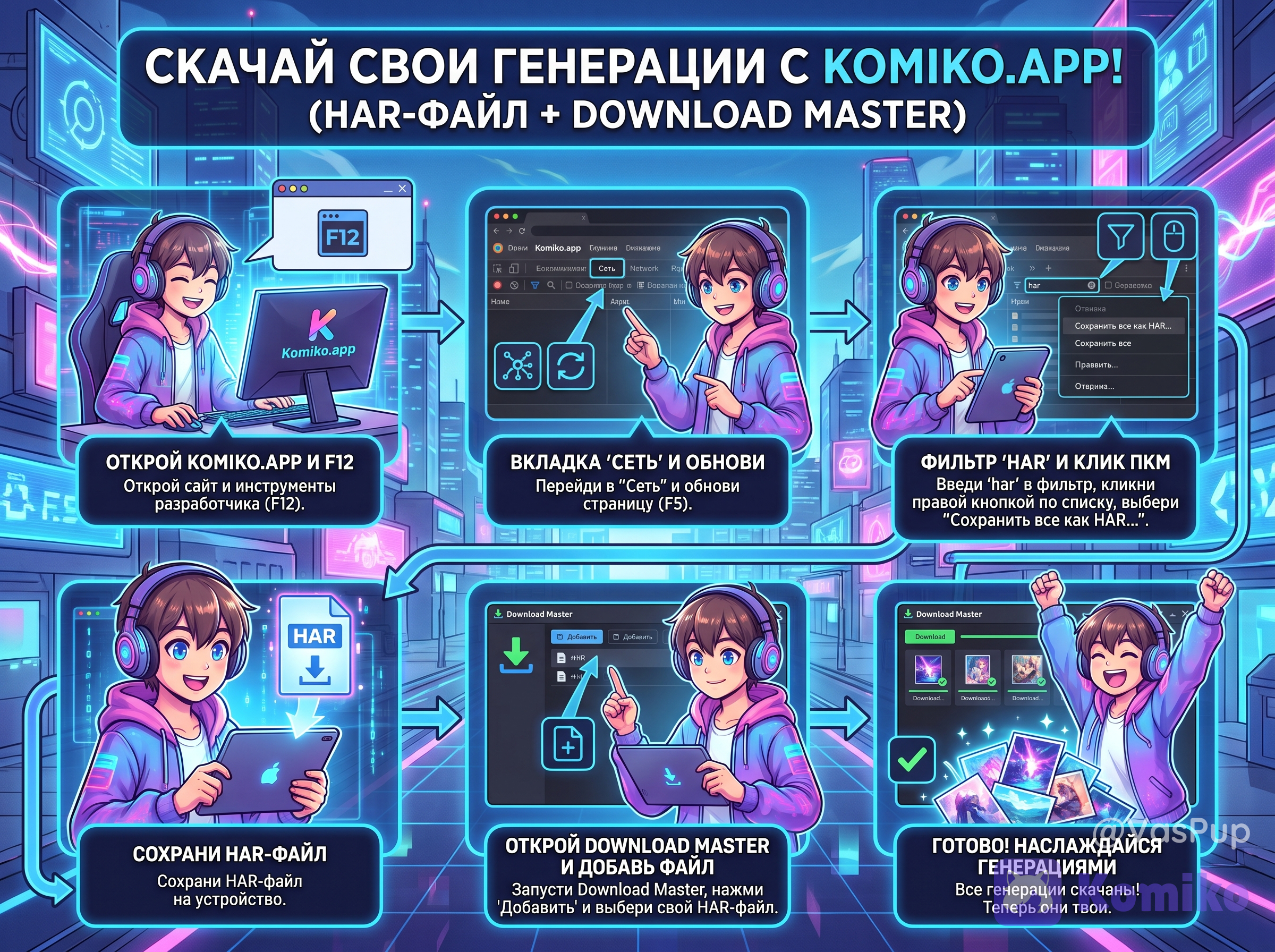 Создай разборчивую, понятную и интересную инфографику для пошаговой инструкции, расположенной ниже. Добавь уместные пиктограммы. Стильно, современно, увлекательно. Ниже - текст инструкции: Открываем раздел "Creations" в своём профиле на Komiko.app
👇
Открываем панель разработчика (F12) 👉 вкладка "Network" + чекбокс "Preserve log" + фильтр "Fetch/..."
👇
Жёстко перезагружаем страницу (Ctrl+F5) 👉 постепенно прокручиваем страницу вниз...
*содержимое страницы подгружается через AJAX*
*появляются всё новые записи "fetchGallery? pagination..." в консоли*
...
...
👇
Дошли до низа страницы 👉 жмём "⬇Export HAR"
👇
Переименовываем скачанный файл "Komiko.app.har" в "Komiko.app.txt"
👇
Открываем этот текстовый файл в Notepad++ 👉 запускаем поиск 👉 вкладка "Замена" + чекбокс "Регулярные выражения" 👉 в поле "Найти" пишем "https" + в поле "Заменить" пишем \1\n 👉 кнопка "Заменить всё" 👉 идём на вкладку "Пометки" 👉 в поле "Найти" оставляем "https" + ставим чекбокс "Помечать закладкой" + убираем чекбокс "Регулярные выражения" 👉 кнопка "Пометить всё"
👇
Меню "Поиск" в верхней панели 👉 пункт "Закладки" 👉 жмём пункт "Удалить все строки БЕЗ закладок"
⏳
...
👇
запускаем поиск 👉 идём на вкладку "Пометки" 👉 в поле "Найти" пишем "image_generation" + ставим чекбокс "Помечать закладкой" 👉 кнопка "Пометить всё"
👇
Меню "Поиск" в верхней панели 👉 пункт "Закладки" 👉 жмём пункт "Удалить все строки БЕЗ закладок"
👇
Сохраняем файл
👇
Идём в Download Master 👉 меню "Файл" 👉 "Импорт" 👉 "URL из файла" 👉 выбираем сохранённый komiko.app.txt
👇
OK
👇
"Сохранить в..."
👇
"Начать закачку"
⏳
...
ГОТОВО