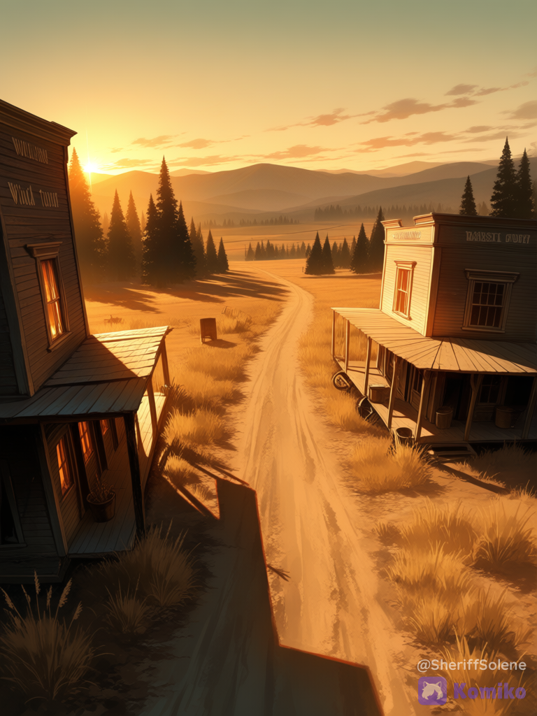 an old wild west town, sunset, forest in the background, mountains in the background, ultra-wide shot, [sensual-glossy-style]
