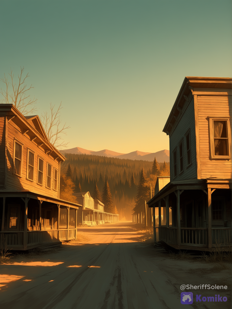 an old wild west town, sunset, forest in the background, mountains in the background, ultra-wide shot, [sensual-glossy-style]