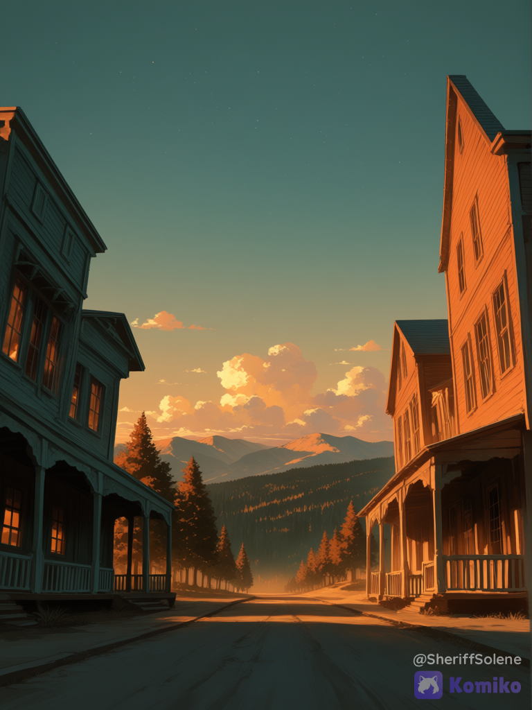 an old wild west town, sunset, forest in the background, mountains in the background, ultra-wide shot, panoramic view of the city, [sensual-glossy-style]