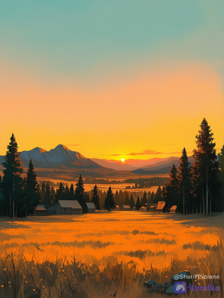 an old wild west town, sunset, forest in the background, mountains in the background, ultra-wide shot, panoramic view of the city, [sweet-painting-style]