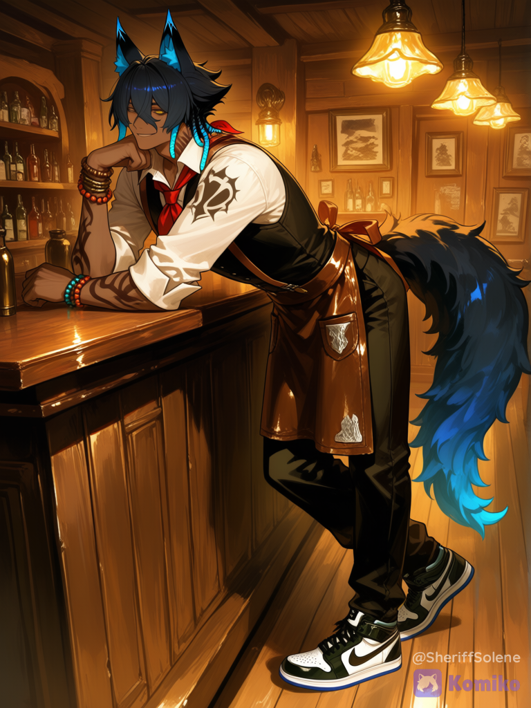@laxo-lycaon-12n7, dark skin, wild west, saloon, leaning over wooden bar counter, one elbow on bar top, leaning toward viewer, white shirt, black vest, red neckerchief, suspenders, rolled up sleeves, black pants, leather apron, dim lighting, oil lamps, warm color palette, wooden interior, western aesthetic, smiling, [sensual-glossy-style]
