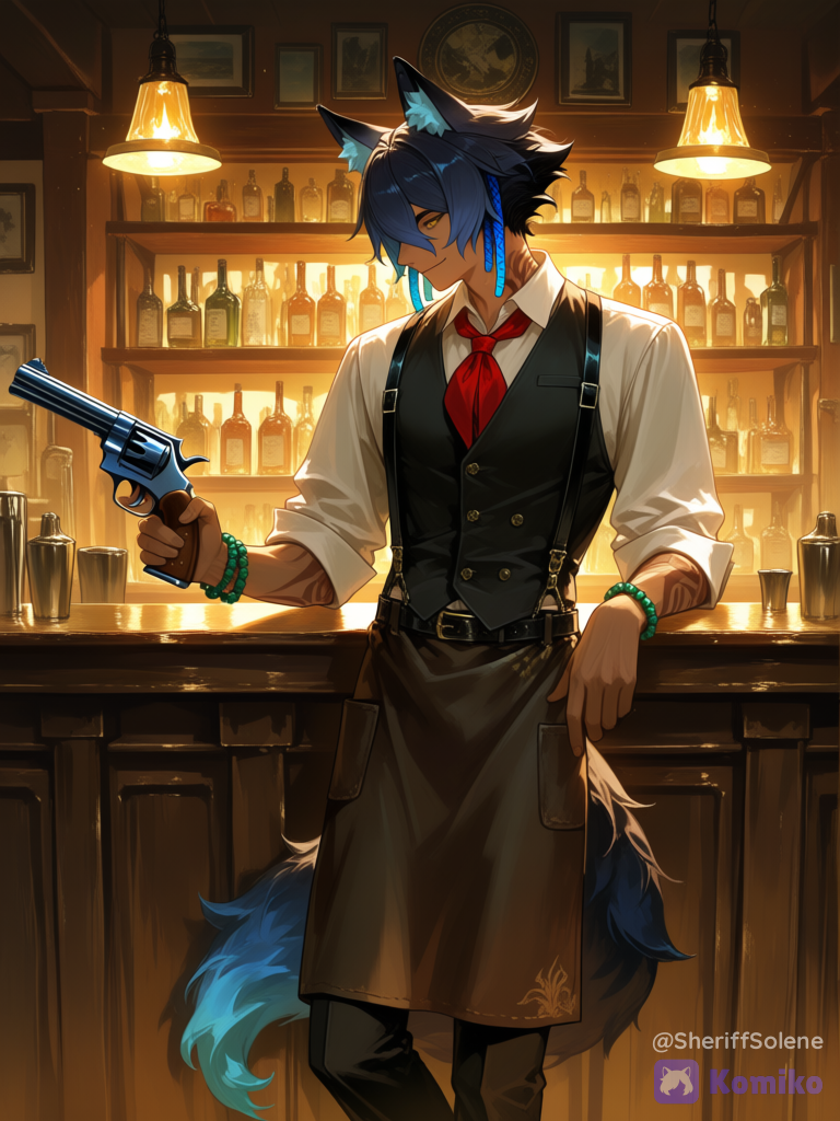@laxo-lycaon-12n7, dark skin, wild west, western saloon bartender, behind wooden bar counter, spinning revolver around finger by the trigger guard, gun barrel pointed upward, other hand resting on bar top, white shirt, black vest, red neckerchief, suspenders, rolled up sleeves, black pants, leather apron, dim lighting, oil lamps, warm color palette, wooden interior, western aesthetic, smiling, [sensual-glossy-style]