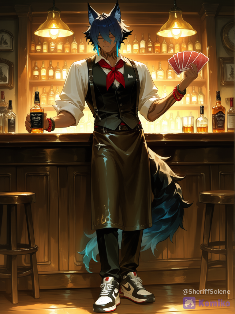@laxo-lycaon-12n7, dark skin, wild west, western saloon bartender, behind wooden bar counter, fanning playing cards in one hand display, other hand holding whiskey bottle, cards spread in arc, white shirt, black vest, red neckerchief, suspenders, rolled up sleeves, black pants, leather apron, dim lighting, oil lamps, warm color palette, wooden interior, western aesthetic, smiling, [sensual-glossy-style]