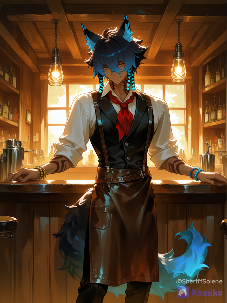 @laxo-lycaon-12n7, dark skin, wild west, western saloon bartender, behind wooden bar counter, spinning revolver around finger by the trigger guard, gun barrel pointed upward, other hand resting on bar top, white shirt, black vest, red neckerchief, suspenders, rolled up sleeves, black pants, leather apron, dim lighting, oil lamps, warm color palette, wooden interior, western aesthetic, smiling, [sensual-glossy-style]