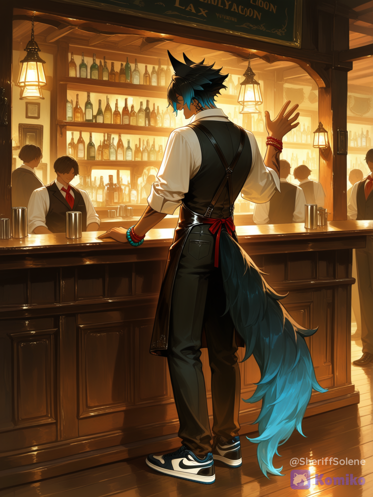 @laxo-lycaon-12n7, dark skin, western saloon bartender, behind wooden bar counter, laughing, waving, many people, crowd, white shirt, black vest, red neckerchief, suspenders, rolled up sleeves, black pants, leather apron, dim lighting, oil lamps, warm color palette, wooden interior, western aesthetic, smiling, [sensual-glossy-style]