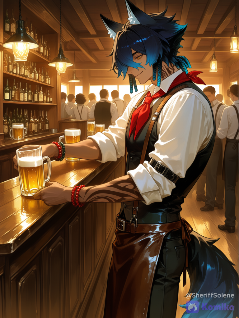 @laxo-lycaon-12n7, dark skin, western saloon bartender, behind wooden bar counter, sliding full mug of beer down the polished bar top, arm extended from push, beer sliding toward customer, crowded bar, many people, crowd, white shirt, black vest, red neckerchief, suspenders, rolled up sleeves, black pants, leather apron, dim lighting, oil lamps, warm color palette, wooden interior, western aesthetic, smiling, [sensual-glossy-style]