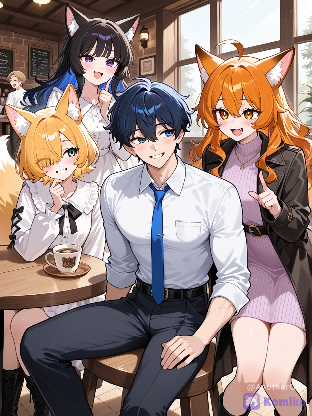 @allegra-m6FH, @rowan-gUjz, @kaito-BVCU, @kent-connor-Fi7J, @Komiko_Chan, A diverse group of 5 close friends—three girls and two boys—sitting together around a cozy wooden table at a brightly lit cafe. They are talking, laughing heartily, and having fun. One character is pointing at something and smiling, while another throws their head back in laughter. Cheerful, happy, and heartwarming atmosphere. Modern webtoon art style, crisp line art, vibrant cel-shading, character expressions, .