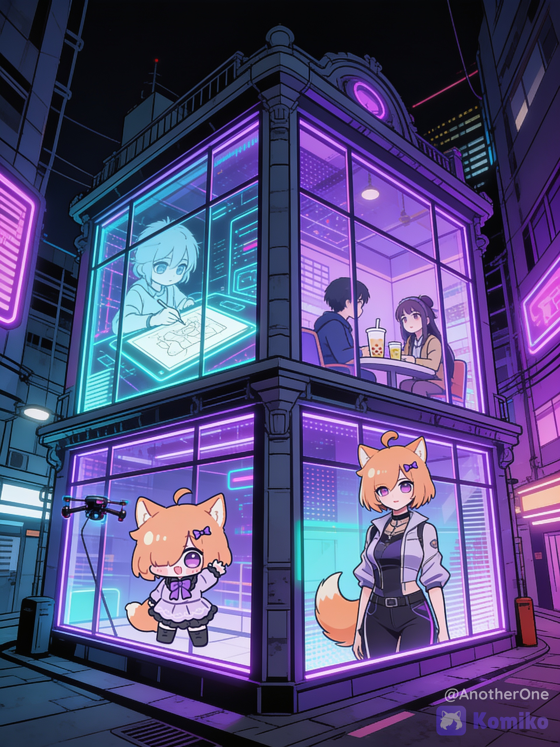 A multi-story whimsical architectural building in a neon-lit neo-Tokyo alley at night. The building features massive, distinct glass windows designed like comic book panels. Each window shows a different scene in a modern anime art style: in the top left window, a character is sketching on a glowing digital canvas; in the top right window, two characters are chatting over boba; in the bottom left window, a character poses for a camera drone. High-contrast lighting, vibrant purple and teal neon accents, background city elements, crisp line art, cinematic anime composition., @Komiko_Chan as an adult woman, wearing Modern Cyberpunk style clothes, in bottom right window., [cyberpunk-style]