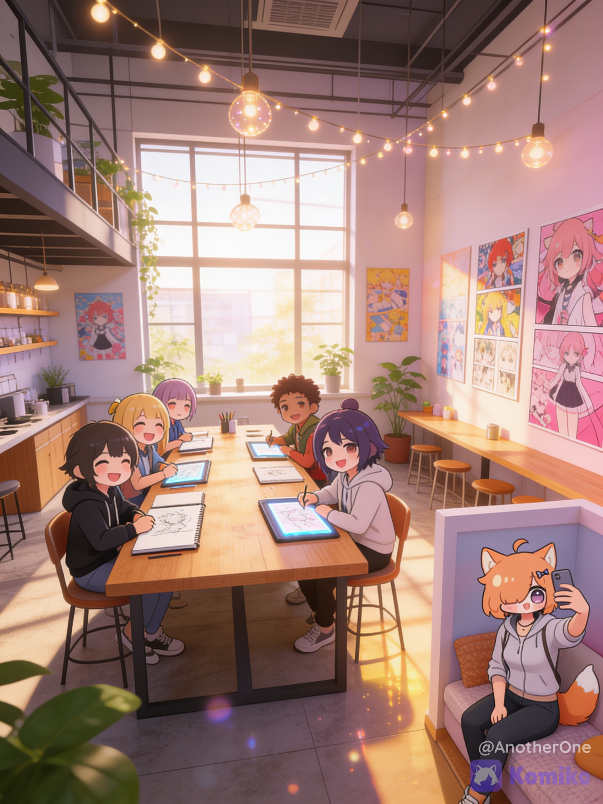 Interior view of a spacious, sunlit creative loft cafe. A diverse group of anime characters are hanging out and collaborating. In the center, characters sit at a long wooden table covered in sketchbooks and glowing tablets, laughing and making art. In a cozy corner nook, a character is taking a selfie photo, practicing expressive poses. Warm sunlight streaming through large windows, hanging fairy lights, plants, walls lined with colorful manga concept art, soft pastel color palette, anime aesthetic, cozy and inviting atmosphere., @Komiko_Chan as an adult woman, wearing casual style clothes, sitting with friends at the table., [3d-anime-style]