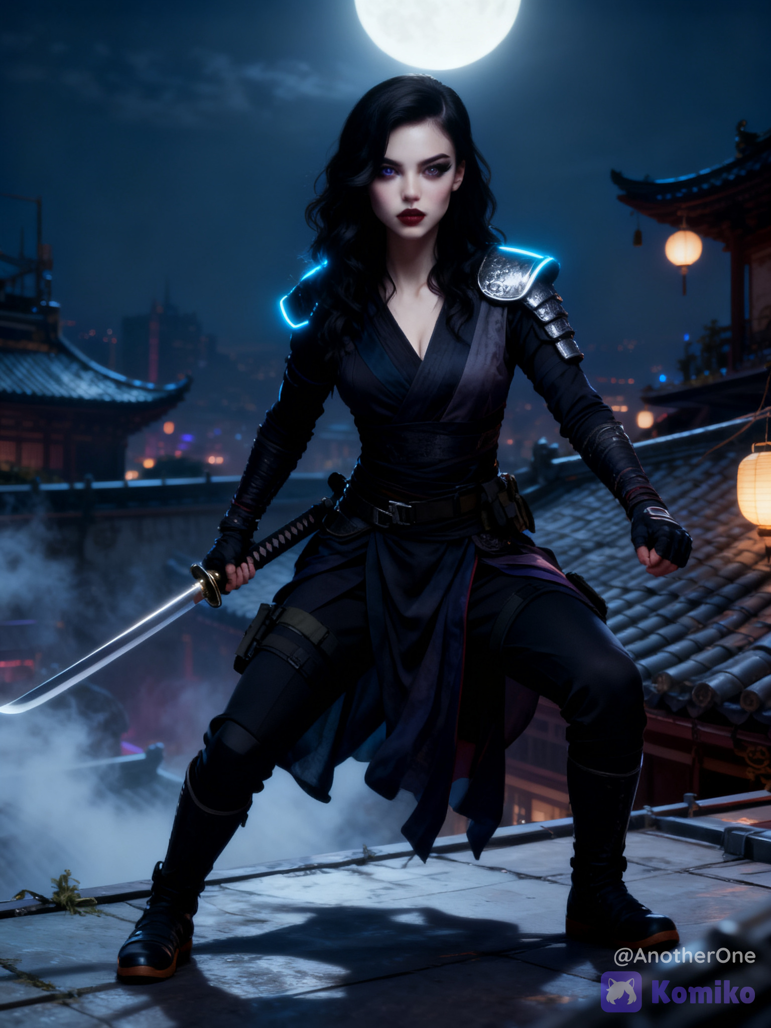 [QUALITY & STYLE]ABSURDRES, ULTRA-8K, PREMIUM CINEMATIC FANTASY ART, HIGH-END CHARACTER ILLUSTRATION, PROFESSIONAL DIGITAL ART, BEAUTIFUL COMPOSITION, SOPHISTICATED VISUAL DESIGN, EXTREMELY RENDERING. Refined artistic style matched precisely to the reference character's native universe (anime, realistic, gothic, or sci-fi).[CHARACTER PRIORITY]ABSOLUTE IDENTITY PRESERVATION. Maintain exact facial structure, hairstyle, hair color, eye color, skin tone, and unique features from the reference image. Face must remain completely recognizable, adapting expression to character's core personality (playful confidence, calm determination, or refined elegance).[NINJA CONCEPT & ATTIRE]Bespoke, elegant layered ninja outfit tailored around the character's original color palette and design accents. Fitted practical garments, flowing fabric, subtle armor plates, reinforced gloves, tactical boots, utility belts, straps, small pouches. Highly functional yet sophisticated.[POSE & WEAPONS]Dynamic full-body ninja stance. One foot slightly forward, naturally balanced, agile posture, realistic anatomy, strong silhouette. Restrained ninja equipment: sheathed katana at waist, subtle throwing blades, kunai tools, or universe-specific magical artifacts. Weapons are secondary, never obscuring identity.[ENVIRONMENT & LIGHTING]Atmospheric rooftop setting adapted to character's lore (ancient fantasy city, modern metropolis, or gothic towers). Night sky, tiled roofs, subtle mist, hanging lanterns. Cinematic moonlight from above/behind, silver-blue rim lighting on hair/shoulders, volumetric light, realistic deep shadows, eye highlights.[COMPOSITION & ATMOSPHERE]Slightly low camera angle, sharp focus on face, natural depth of field. Mysterious, immersive cinema aesthetic. Drifting rooftop mist, wind moving fabric/hair, tiny moonlit particles. Single frozen epic moment.
