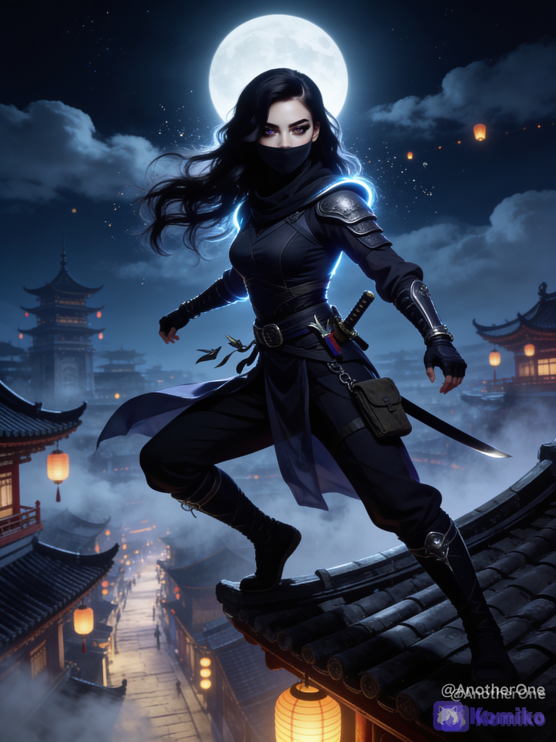 ABSURDRES, ULTRA-8K, PREMIUM CINEMATIC FANTASY ART, HIGH-END CHARACTER ILLUSTRATION, PROFESSIONAL DIGITAL ART, BEAUTIFUL COMPOSITION, SOPHISTICATED VISUAL DESIGN, EXTREMELY RENDERING, CHARACTER REFERENCE — ABSOLUTE PRIORITY:
Use the provided character reference image as the absolute primary source for the character's identity and appearance. Preserve the character's recognizable facial structure, hairstyle, hair color, eye color, skin tone, distinctive features, body proportions, age appearance, accessories and overall visual identity. The character must remain unmistakably the same individual from the reference. Do not replace the face, redesign the character, change their identity, or impose a generic ninja appearance over their original design. Adapt the ninja concept around the character. NINJA CONCEPT:
Transform the referenced character into an elegant, mysterious and highly skilled ninja, while naturally adapting the ninja aesthetic to their original personality, appearance and universe. The ninja outfit must be designed specifically for the referenced character rather than using a generic costume. Preserve recognizable elements from their original design whenever possible and intelligently incorporate them into the ninja outfit. Elegant layered ninja clothing, fitted but practical garments, flowing fabric elements, subtle armor pieces, reinforced gloves, practical boots, belts, straps, small pouches and carefully designed accessories. The outfit should feel functional while remaining visually beautiful and sophisticated. If the character normally has a distinctive color palette, use that palette as the foundation of the ninja outfit. If they have recognizable accessories, integrate them naturally into the design. POSE & BODY LANGUAGE:
The character stands in a dynamic ninja stance, displaying agility, confidence, precision and controlled movement. One foot slightly forward, body naturally balanced, shoulders relaxed but ready for action, subtle flowing movement in the clothing and hair. The pose should communicate that the character is extremely agile and experienced without looking exaggerated or unnatural. Natural anatomy, realistic proportions, hands, expressive posture and strong silhouette. FACE & EXPRESSION:
Keep the character's original face completely recognizable. Focused and confident expression, subtle mysterious atmosphere, intense eyes, calm determination, controlled emotion. The expression should adapt to the personality of the referenced character. A cheerful character can have a playful confidence; a serious character can appear intimidating; an elegant character can appear calm and refined. NINJA WEAPONS:
Include elegant ninja equipment appropriate to the character: A sheathed katana positioned naturally at the waist, subtle throwing blades, kunai-like tools, small utility pouches and other restrained ninja equipment. Weapons should be secondary elements, never obscuring the character's face or identity. If the character's original universe has its own weapons or magical artifacts, intelligently incorporate them instead of forcing completely unrelated equipment. ENVIRONMENT:
Set the character on the rooftops of a beautiful ancient city at night. Traditional architecture mixed with atmospheric fantasy elements, tiled rooftops, distant towers, hanging lanterns, narrow streets far below, subtle mist between buildings, moonlit clouds and a vast night sky. The environment should adapt to the character's world. For a fantasy character, introduce magical architecture and mystical elements. For a modern character, transform the setting into a sophisticated modern city at night. For a gothic character, use dark gothic architecture. For a historical character, use an appropriate historical environment. The character determines the world. LIGHTING:
Beautiful cinematic moonlight illuminating the character from above and behind. Soft silver-blue rim lighting around the hair and shoulders, subtle highlights on the eyes and clothing, realistic shadows, atmospheric volumetric light, faint lantern illumination from below, subtle reflections on metallic accessories. Dramatic cinematic contrast without losing facial details. ATMOSPHERE:
Mysterious, elegant, cinematic and immersive. Thin mist drifting across the rooftops, subtle wind moving fabric and hair, tiny atmospheric particles illuminated by moonlight, distant lanterns glowing through the darkness, clouds slowly crossing the moon. The scene should feel like a single frozen moment from an epic cinematic story. COMPOSITION & CAMERA:
Dynamic cinematic composition, character as the unmistakable focal point. Full-body or three-quarter composition, slightly low camera angle, strong perspective, elegant silhouette, natural depth of field, atmospheric background separation, foreground elements, balanced visual composition. Sharp focus on the character's face and important costume details. Premium cinematic photography aesthetic, dramatic perspective, sophisticated framing. ARTISTIC ADAPTATION:
The referenced character's original artistic identity determines the final rendering style. If the character is anime-inspired, maintain a refined anime aesthetic. If the character is realistic, use highly realistic cinematic rendering. If the character belongs to dark fantasy, gothic fantasy, steampunk, historical fantasy, modern fantasy, sci-fi or another genre, naturally adapt the ninja concept to that genre. Do not force a generic visual style onto the character. The result should look as though this specific character has always been a ninja within their own universe. QUALITY:
Ultra-face, individual hair strands, eyes, realistic fabric folds, intricate clothing textures, refined armor details, metallic materials, realistic shadows, cinematic volumetric lighting, atmospheric depth, polished rendering, excellent anatomy, coherent proportions, professional character design, premium fantasy illustration, breathtaking visual quality. FINAL GOAL:
Create an unforgettable ninja version of the referenced character while preserving their original identity. Every element — costume, weapons, pose, environment, lighting, colors, atmosphere and artistic style — must intelligently adapt to the character. CHARACTER IDENTITY PRESERVATION — ABSOLUTE PRIORITY.
NO GENERIC FACE, NO RANDOM CHARACTER REDESIGN, NO UNRELATED COSTUME, NO IDENTITY CHANGE, NO LOSS OF DISTINCTIVE FEATURES.