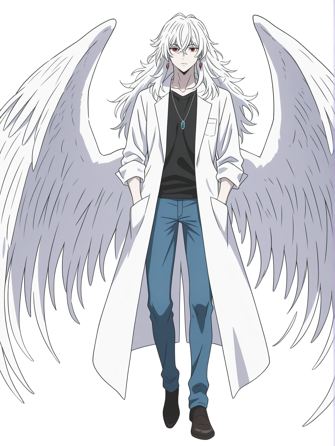 [bright-anime-style]1boy, mature, petite, long hair, off-white hair, blue eyes, red eyes, pale skin, t-shirt, hoodie, lab coat, jeans, lace, jewelry, necklace, earrings, wings, single character, full body, looking at viewer, anime style, simple background, white background