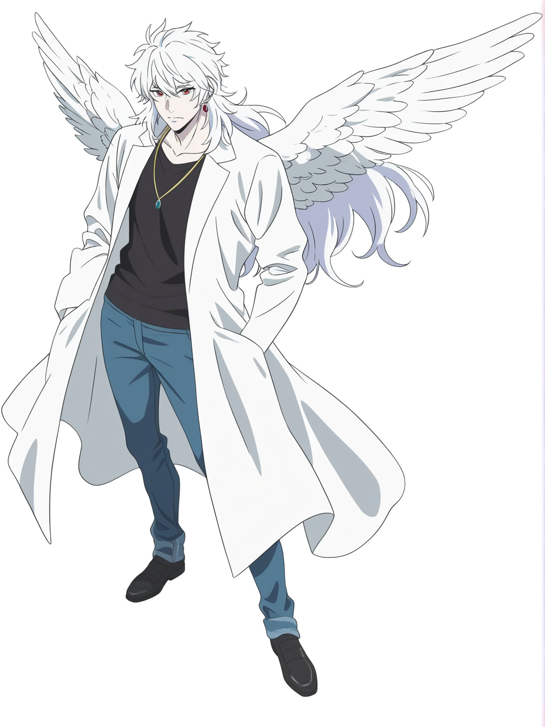 [bright-anime-style]1boy, mature, petite, long hair, off-white hair, blue eyes, red eyes, pale skin, t-shirt, hoodie, lab coat, jeans, lace, jewelry, necklace, earrings, wings, single character, full body, looking at viewer, anime style, simple background, white background