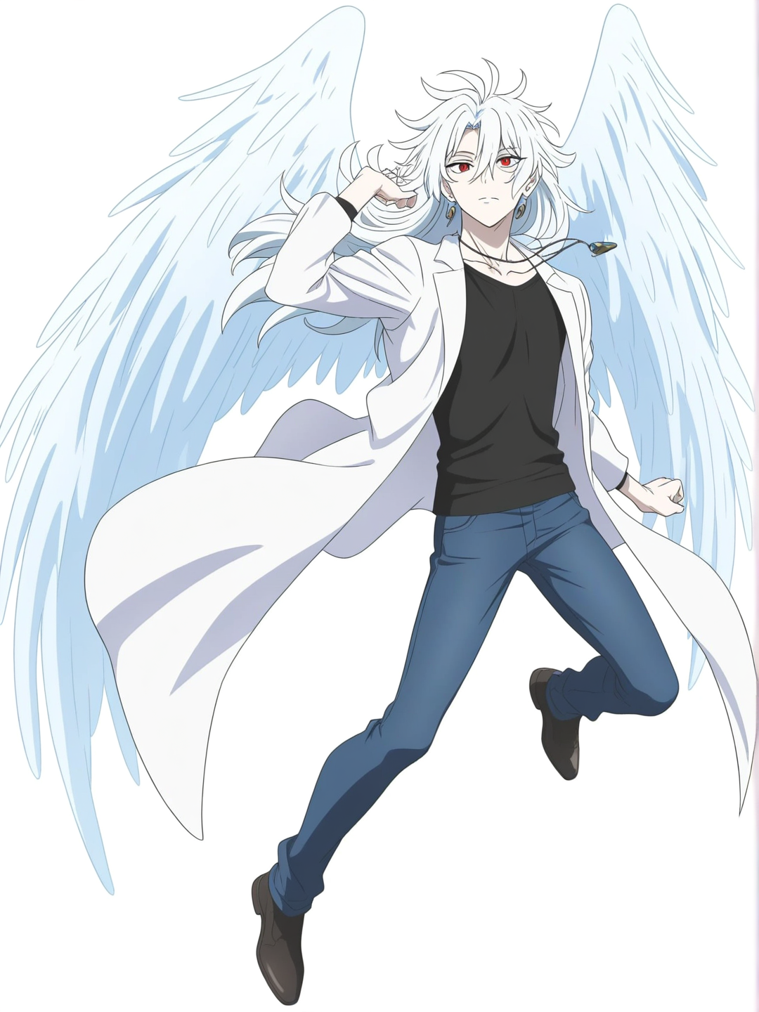 [bright-anime-style]1boy, mature, petite, long hair, off-white hair, blue eyes, red eyes, pale skin, t-shirt, hoodie, lab coat, jeans, lace, jewelry, necklace, earrings, wings, single character, full body, looking at viewer, anime style, simple background, white background