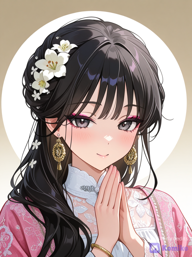 The girl is wearing a luxurious light pink embroidered Pakistani shalwar kameez with intricate floral embroidery, elegant matching dupatta, heavy Kashmiri glass bangles, delicate mehndi on both hands, beautiful traditional jhumkas, subtle glamorous makeup, long silky black hair in soft open waves decorated with small white flowers, graceful and elegant appearance.
Nimraedits51
