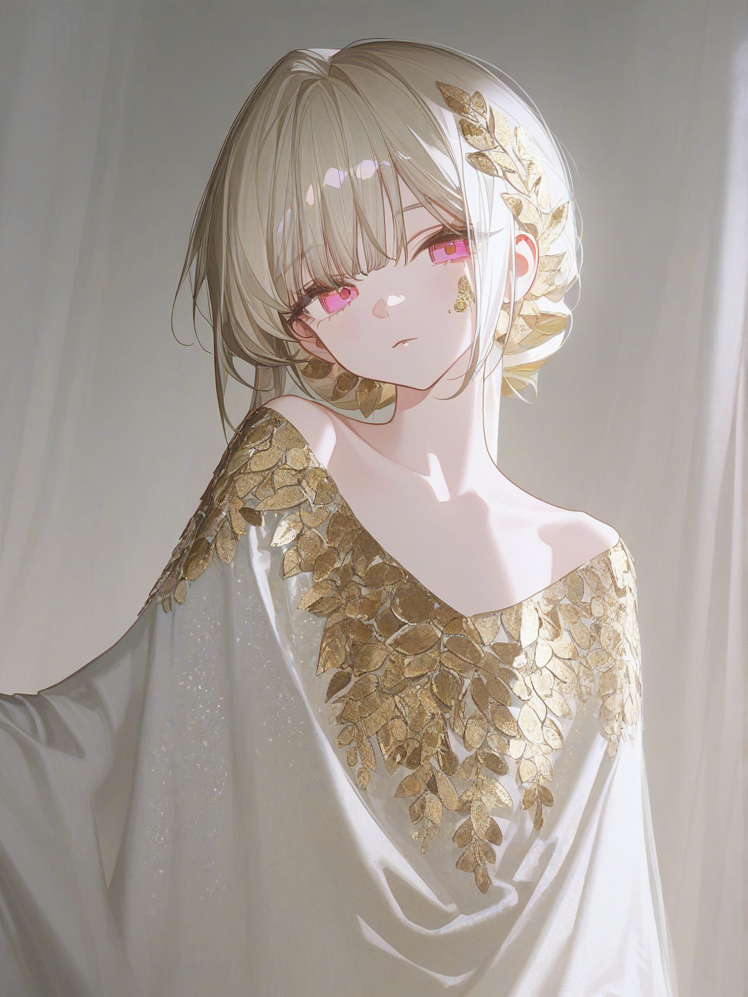 [high-contrast-glossy-style], 1girl, A medium-wide, high-fashion editorial portrait of a young woman standing gracefully against an infinite, seamless pure white background. She is wearing an architectural, flowing gown crafted from layered tulle and pale, desaturated champagne-gold silk that catches subtle ambient light. Her hair is loosely pinned with delicate, muted-gold metallic accents, and faint, dust-fine gold leaf flakes trace her cheekbones and collarbones. Soft, high-key studio lighting with gentle, airy diffusion, casting minimal soft shadows on the floor. Minimalist aesthetic, muted pale gold and ivory color palette, clean negative space, sharp focus, fine fabric texture, elegant and serene mood., teenager, slim, pink eyes, fair skin