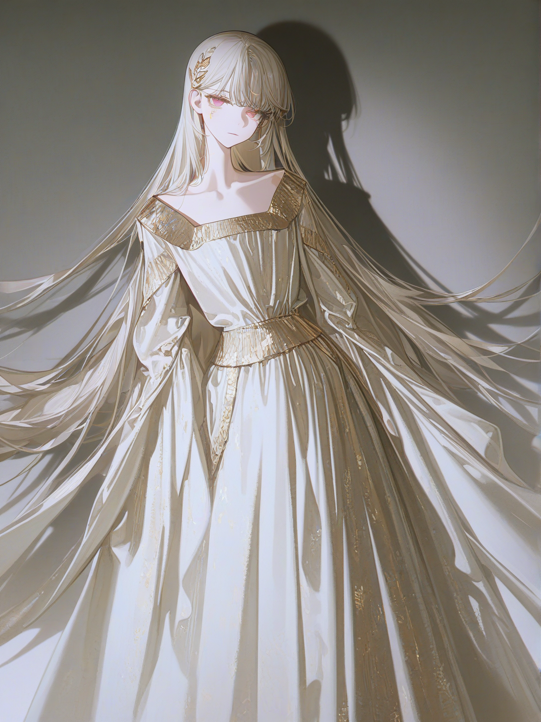 [high-contrast-glossy-style], 1girl, A medium-wide, high-fashion editorial portrait of a young woman standing gracefully against an infinite, seamless pure white background. She is wearing an architectural, flowing gown crafted from layered tulle and pale, desaturated champagne-gold silk that catches subtle ambient light. Her hair is loosely pinned with delicate, muted-gold metallic accents, and faint, dust-fine gold leaf flakes trace her cheekbones and collarbones. Soft, high-key studio lighting with gentle, airy diffusion, casting minimal soft shadows on the floor. Minimalist aesthetic, muted pale gold and ivory color palette, clean negative space, sharp focus, fine fabric texture, elegant and serene mood., teenager, slim, pink eyes, fair skin