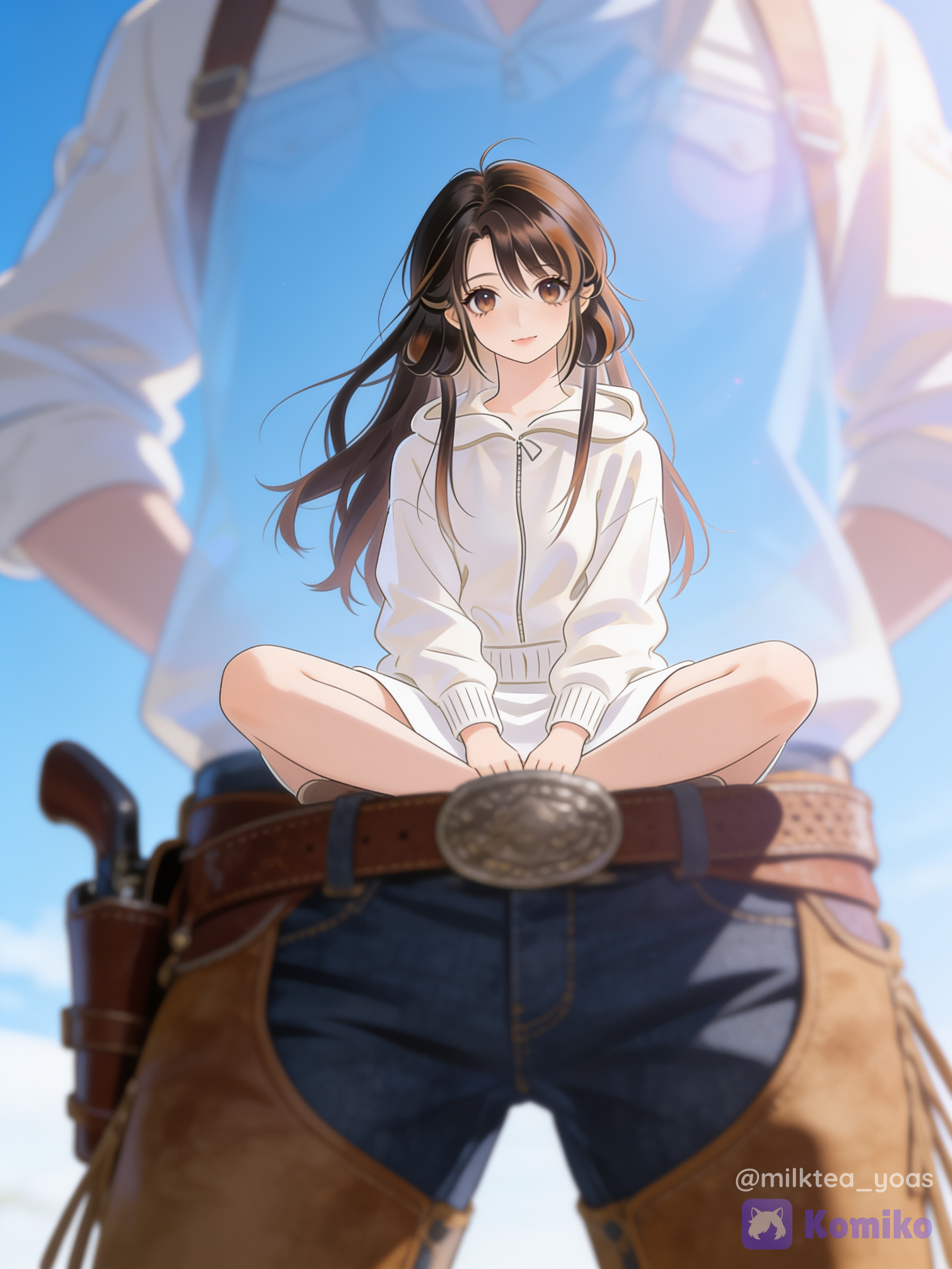 use the same art style as the reference image, draw @uzuki-ren-knjq, sitting cross-legged, smile, cowboy shot, blue sky, ethereal lighting