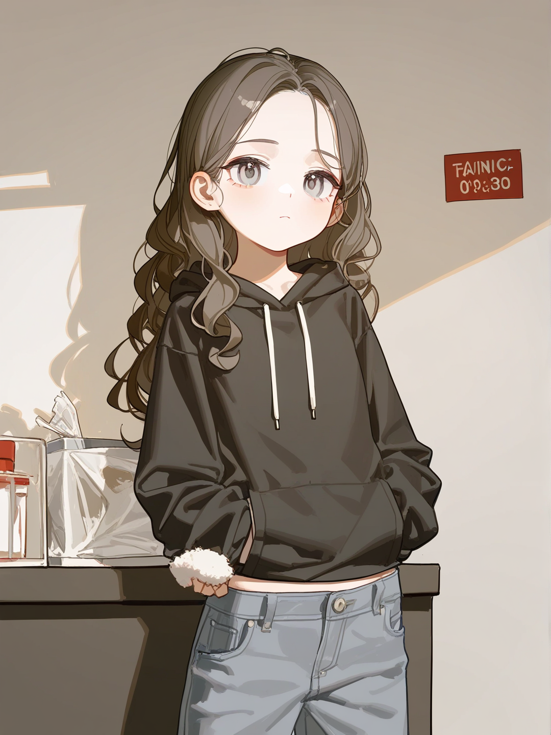 [lacquered-illustration-style], 1girl, teenager, slim, brown hair, wavy hair, side-parted hair, gray eyes, fair skin, casual pants, hoodie, plastic