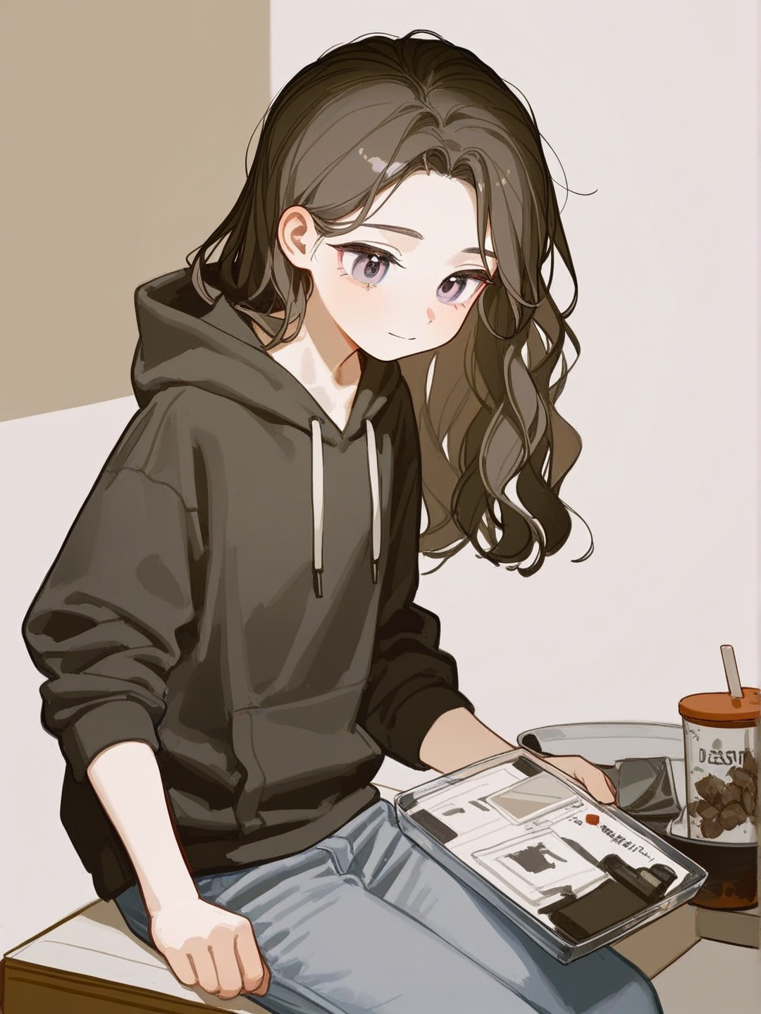 [lacquered-illustration-style], 1girl, teenager, slim, brown hair, wavy hair, side-parted hair, gray eyes, fair skin, casual pants, hoodie, plastic