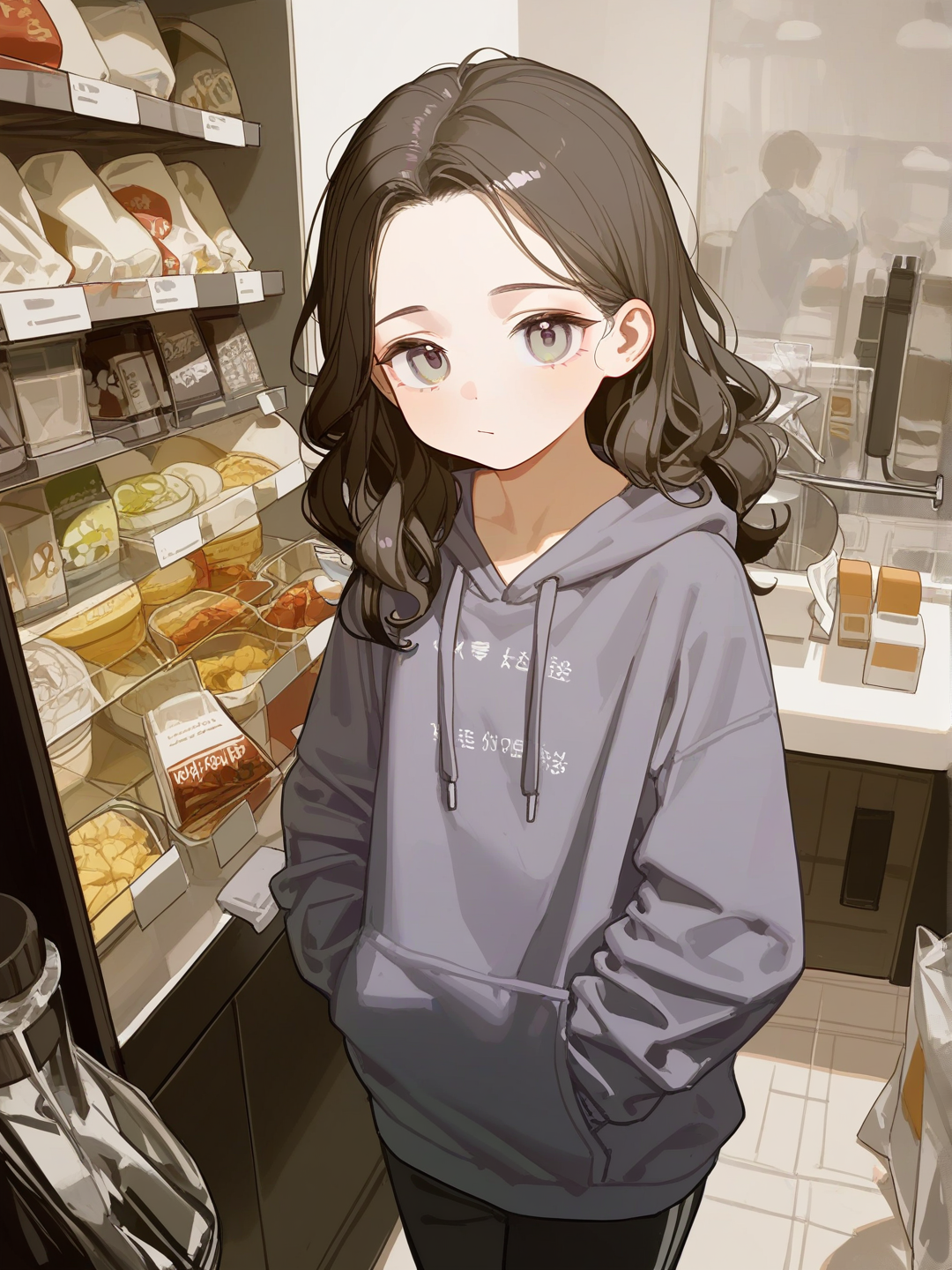 [lacquered-illustration-style], 1girl, teenager, slim, brown hair, wavy hair, side-parted hair, gray eyes, fair skin, casual pants, hoodie, plastic