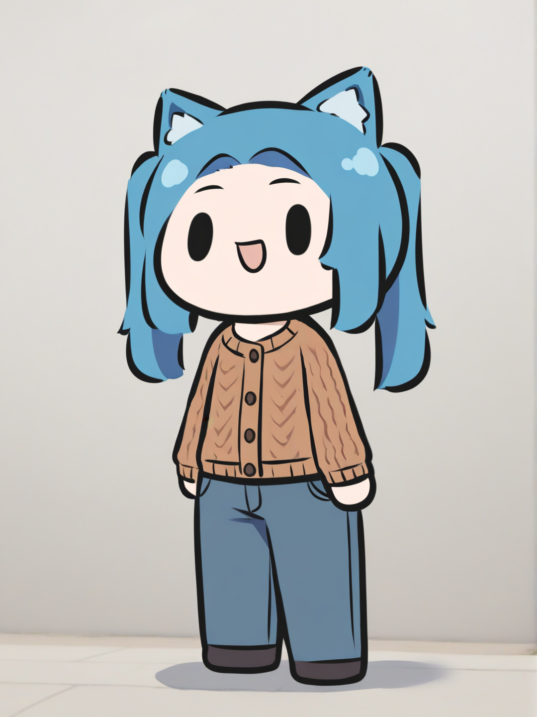 [bubble-chibi-style], 1girl, teenager, slim, twintails, side-parted hair, blue hair, blue eyes, fair skin, knitted cardigan, jeans, wolf ears