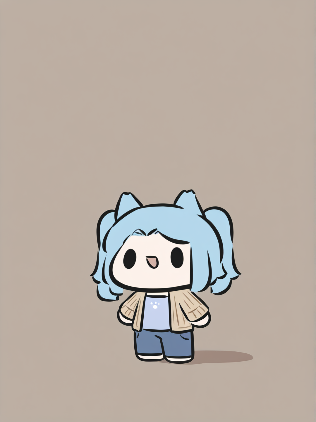 [bubble-chibi-style], 1girl, teenager, slim, twintails, side-parted hair, blue hair, blue eyes, fair skin, knitted cardigan, jeans, wolf ears