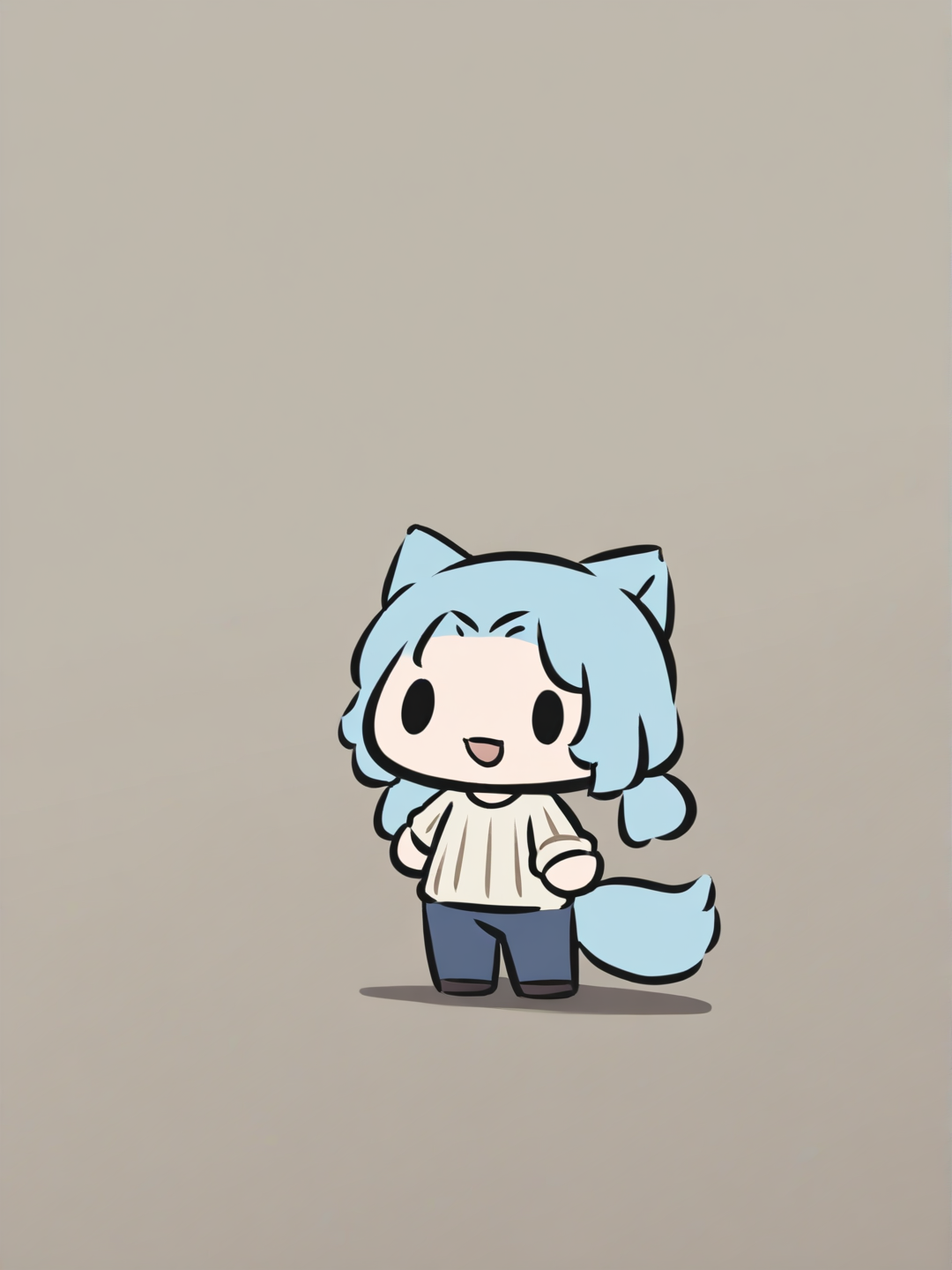 [bubble-chibi-style], 1girl, teenager, slim, twintails, side-parted hair, blue hair, blue eyes, fair skin, knitted cardigan, jeans, wolf ears