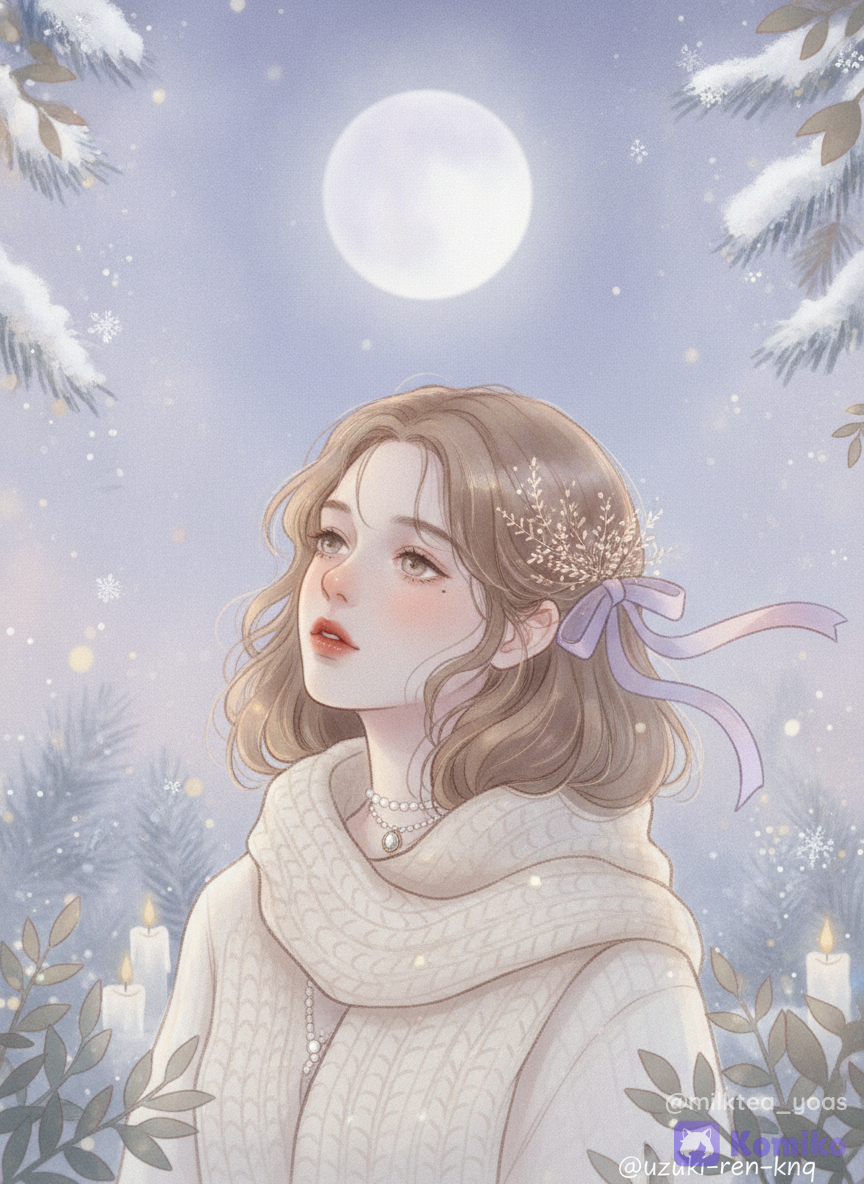 Cozy dreamlike digital illustration, hazy soft-focus aesthetic, gentle and tender winter night mood, soothing pastel winter color palette, pale periwinkle, muted lavender, and soft cream tones, warm golden candlelight glow blending with pale moonlight, gentle atmospheric haze, painterly texture with soft watercolor blending, 1 girl, alone, three-quarter view softly gazing up at a quiet night sky, upper body portrait, peaceful and sleepy expression, soft rosy lips, gentle sleepy eyes, a loose, cozy cream-colored knit oversized scarf wrapped gently around her shoulders, tiny dried wildflowers and a soft ribbon woven into her loose hair, organic and touchable textures, warm golden and cool lavender tones harmonizing softly, delicate vintage pearl pendant necklace, deep twilight sky with soft pastel violet gradients, large hazy glowing full moon, snow-covered pine boughs blurred in the gentle bokeh background, slow drifting snowflakes, soft-focused winter foliage framing the edges, warm magical glowing dust particles floating in the air, @uzuki-ren-knjq, [soft-pastel-style]
