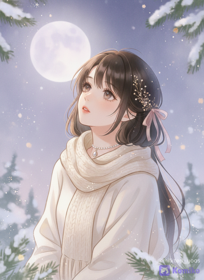 Cozy dreamlike digital illustration, hazy soft-focus aesthetic, gentle and tender winter night mood, soothing pastel winter color palette, pale periwinkle, muted lavender, and soft cream tones, warm golden candlelight glow blending with pale moonlight, gentle atmospheric haze, painterly texture with soft watercolor blending, three-quarter view softly gazing up at a quiet night sky, upper body portrait, peaceful and sleepy expression, soft rosy lips, gentle sleepy eyes, a loose, cozy cream-colored knit oversized scarf wrapped gently around her shoulders, tiny dried wildflowers and a soft ribbon woven into her loose hair, organic and touchable textures, warm golden and cool lavender tones harmonizing softly, delicate vintage pearl pendant necklace, deep twilight sky with soft pastel violet gradients, large hazy glowing full moon, snow-covered pine boughs blurred in the gentle bokeh background, slow drifting snowflakes, soft-focused winter foliage framing the edges, warm magical glowing dust particles floating in the air, @uzuki-ren-knjq, [soft-pastel-style]